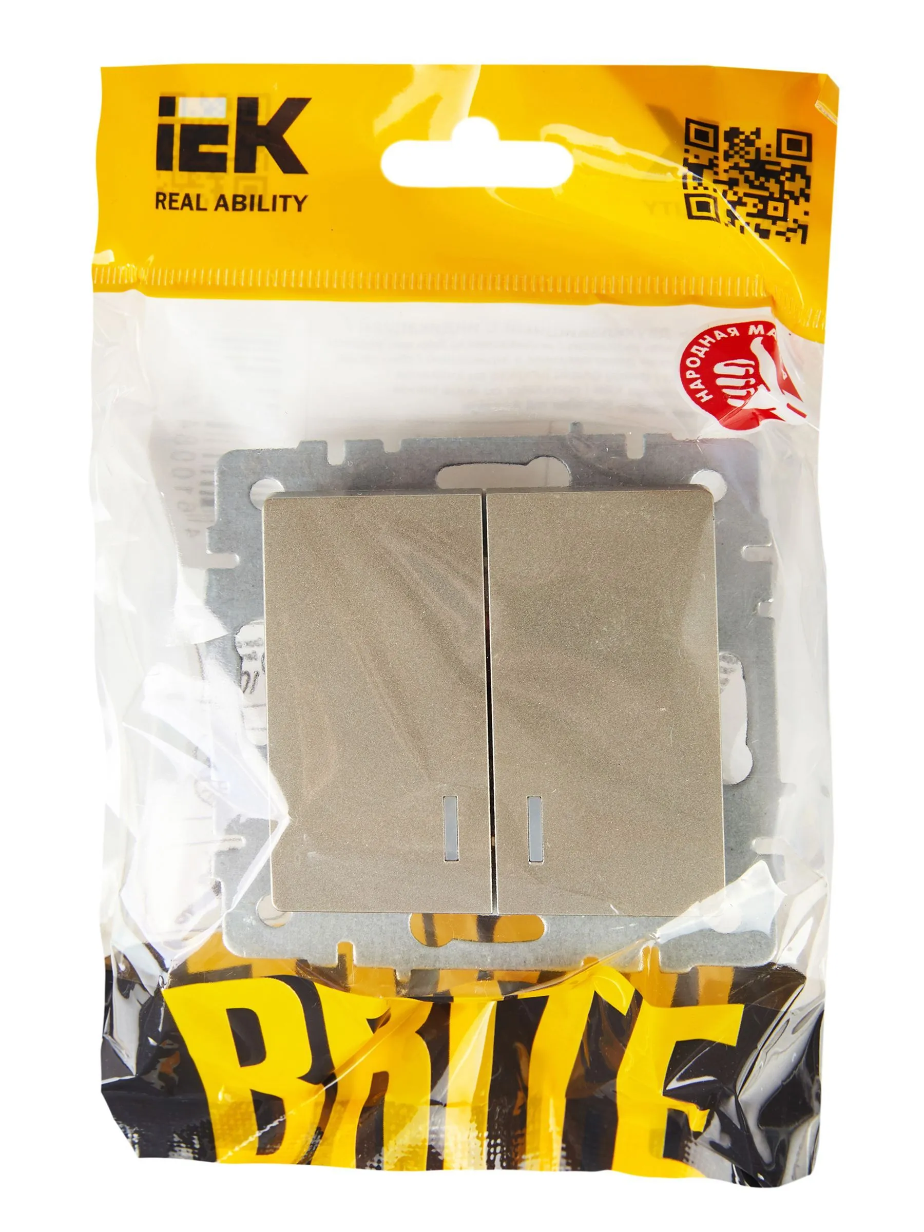 BRITE Выключатель 2-клавишный с индикацией 10А ВС10-2-1-БрШ шампань IEK - Фото 3