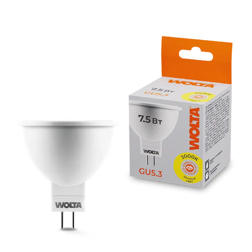 Лампа светодиодная "Рефлектор-MR16" 7.5Вт 625лм 3000К GU5.3 (50шт/уп) WOLTA