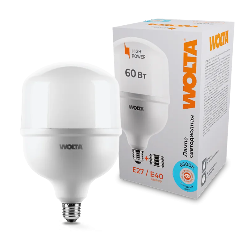 Лампа светодиодная высокомощная 60Вт 5000лм 6500K E27/40 (12шт/уп) WOLTA