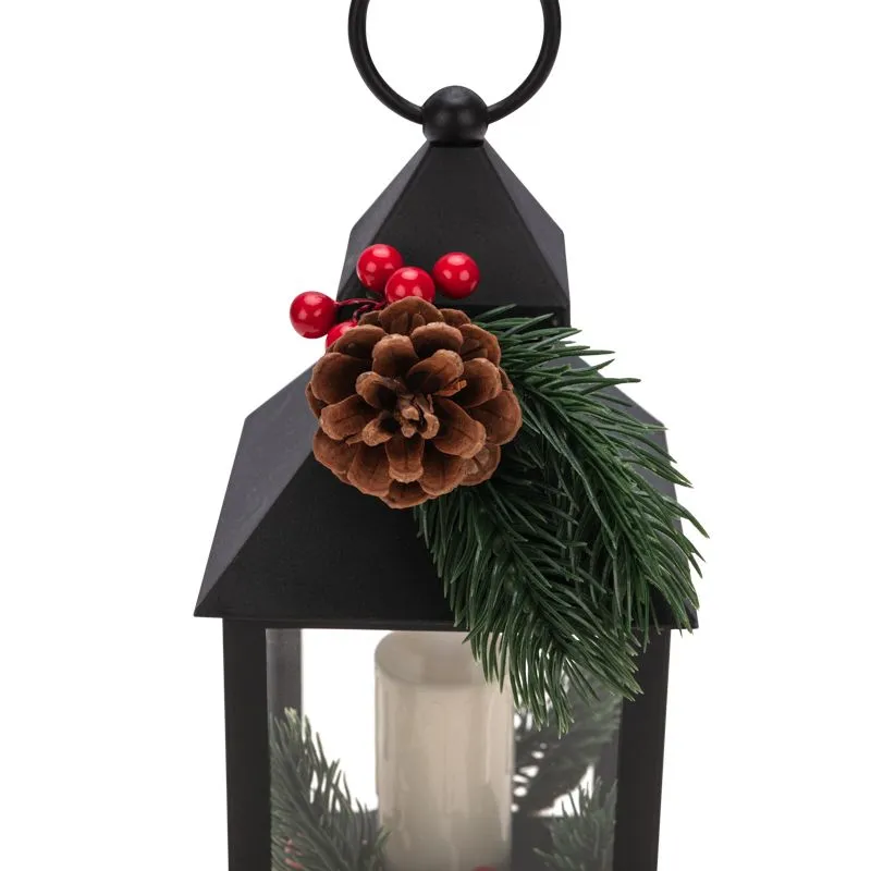 Декоративный фонарь со свечкой и шишкой, черный корпус, размер 10,7x10,7x23,5 см, цвет теплый белый - Фото 3