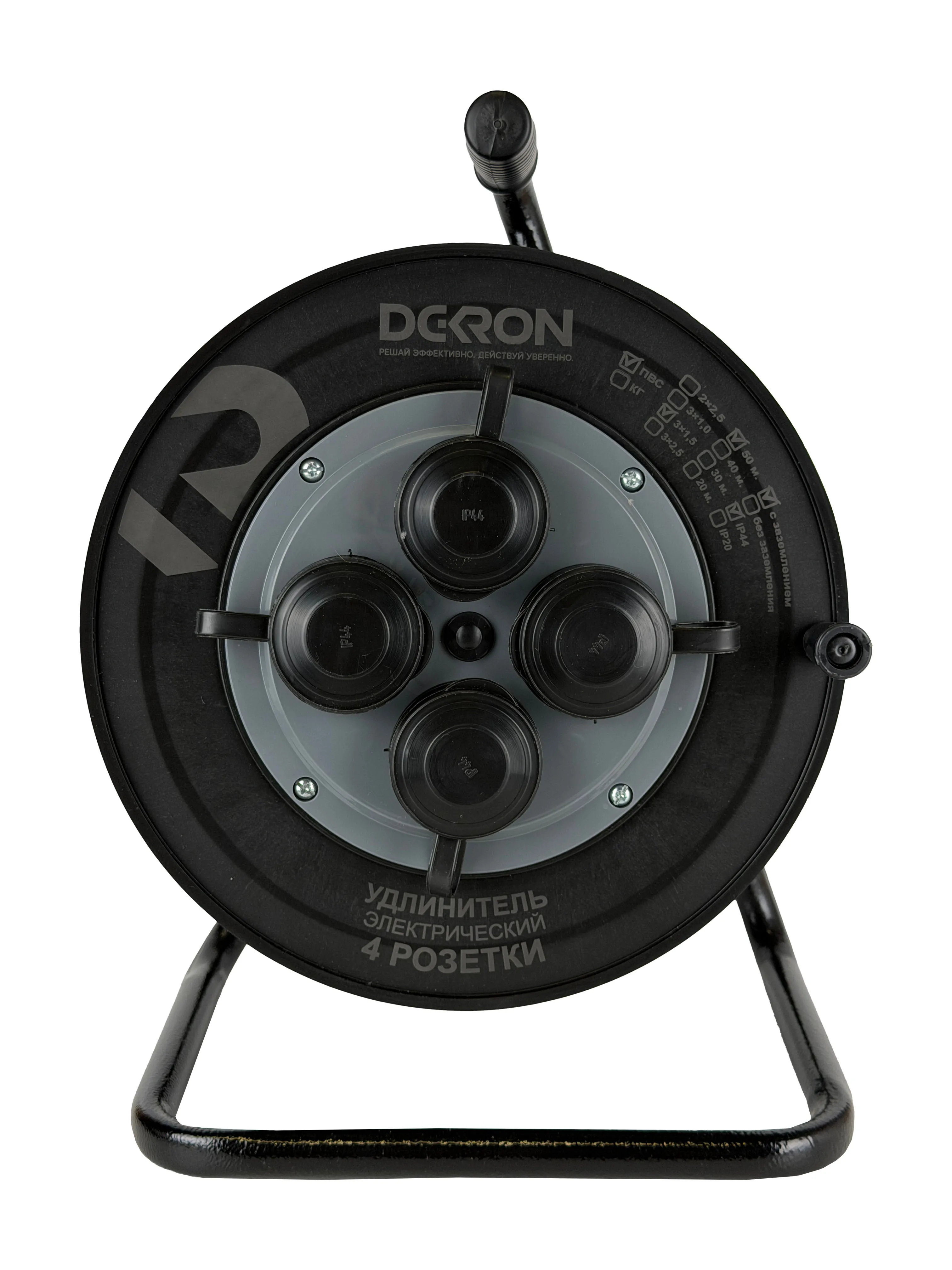 Удлинитель на катушке (пластик) УХз-16-4-50-К УХЛ2, 4 гнезда с заземлением и крышками, ПВС 3х1,5 50м, 16А, IP44 DEKRON