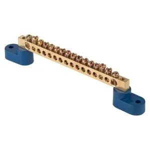 Шина "0" N (6x9мм) 16 отв. латунь 2 синих угловых изолятора EKF sn0-2-63-16