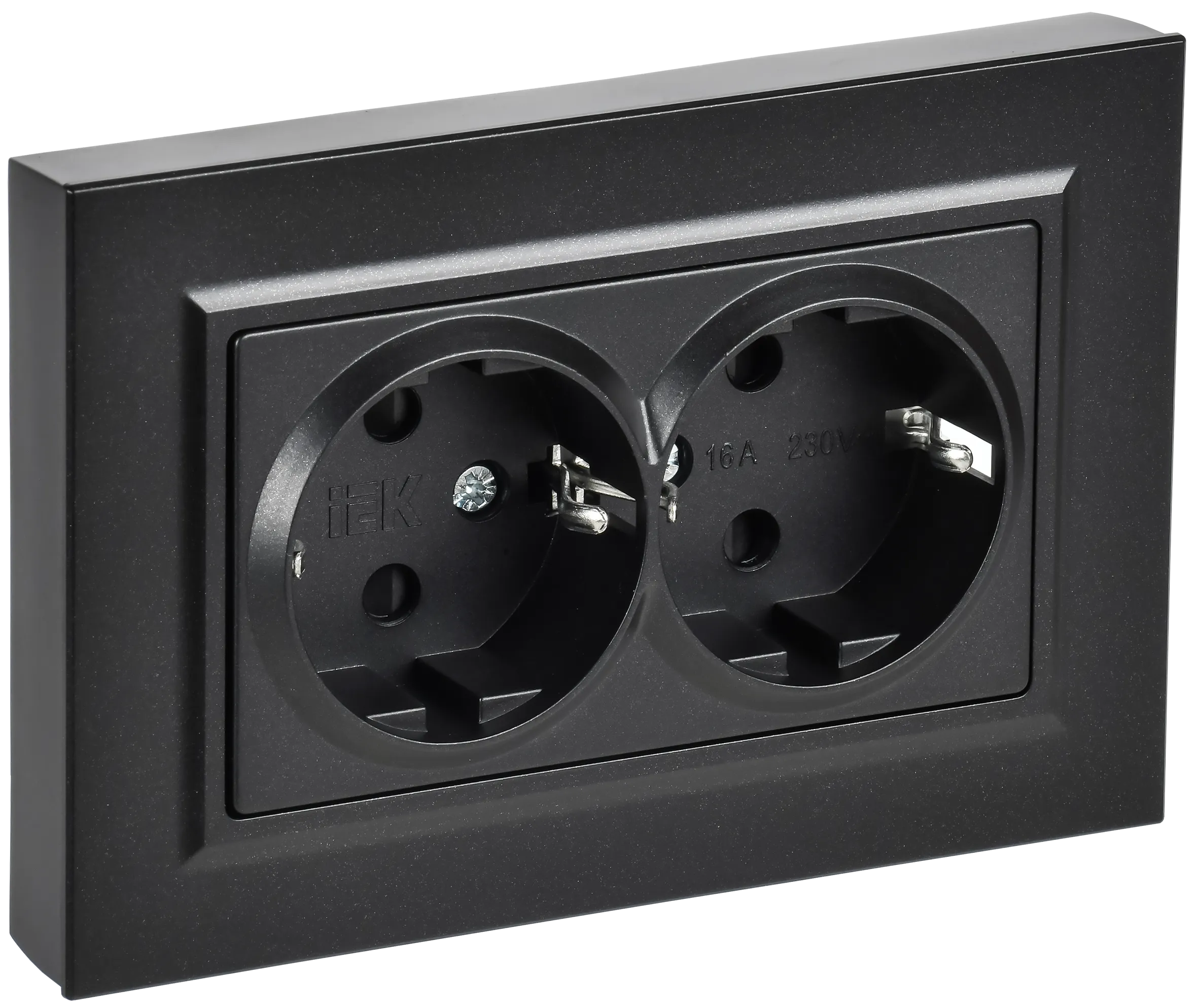 BRITE Розетка 2-местная с заземлением с защитными шторками плоская 16А в сборе РСшПл12-3-БрЧ черный IEK