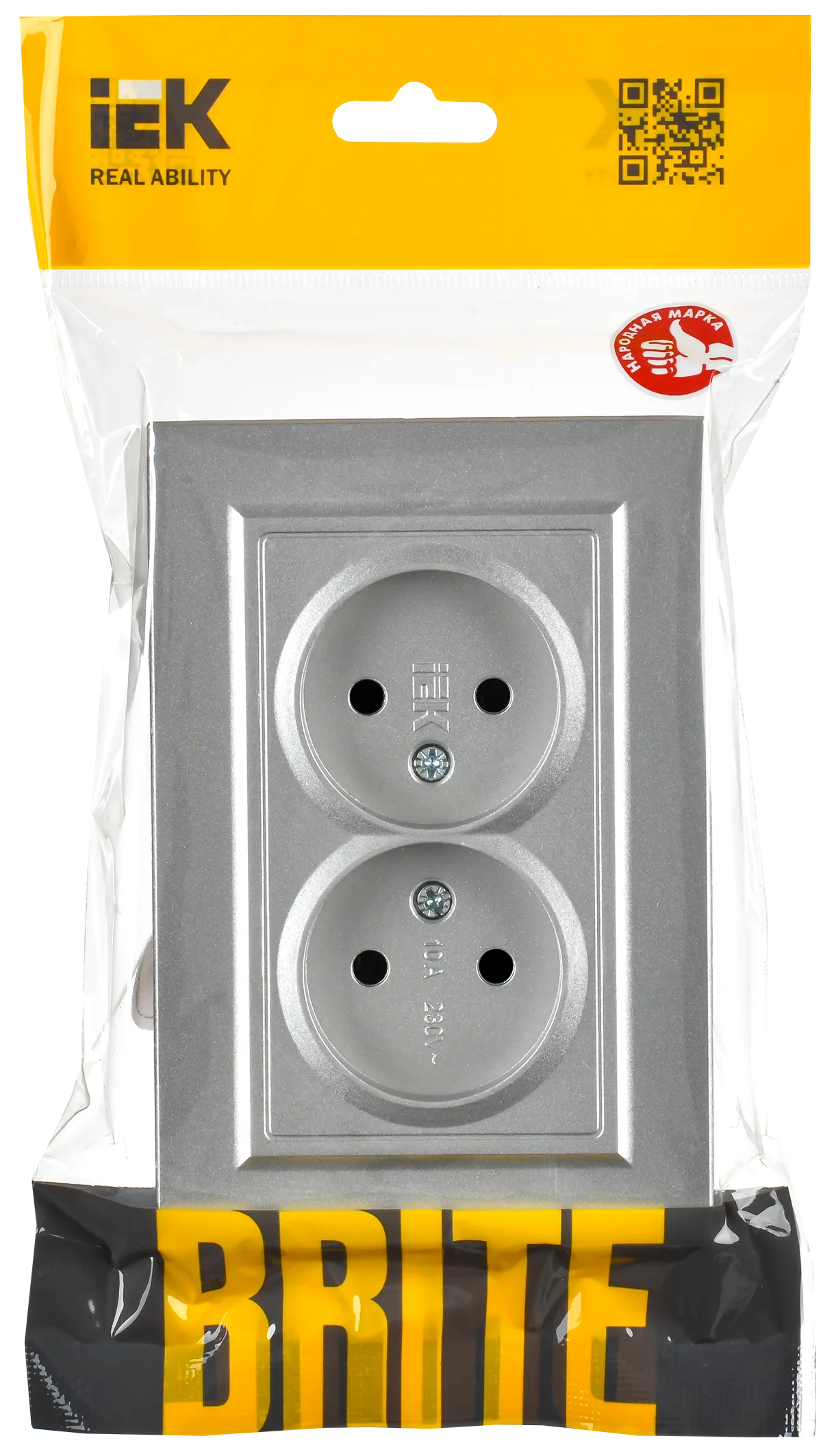 BRITE Розетка 2-местная без заземления с защитными шторками 10А в сборе РСш12-2-БрА алюминий IEK - Фото 2