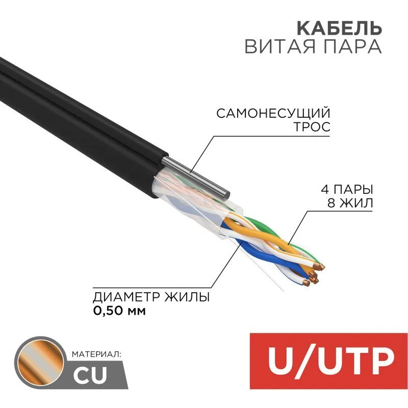 Кабель витая пара U/UTP, CAT 5e, PE, 4PR, 24AWG, OUTDOOR, SOLID, черный, с тросом, 305м, REXANT 01-0046