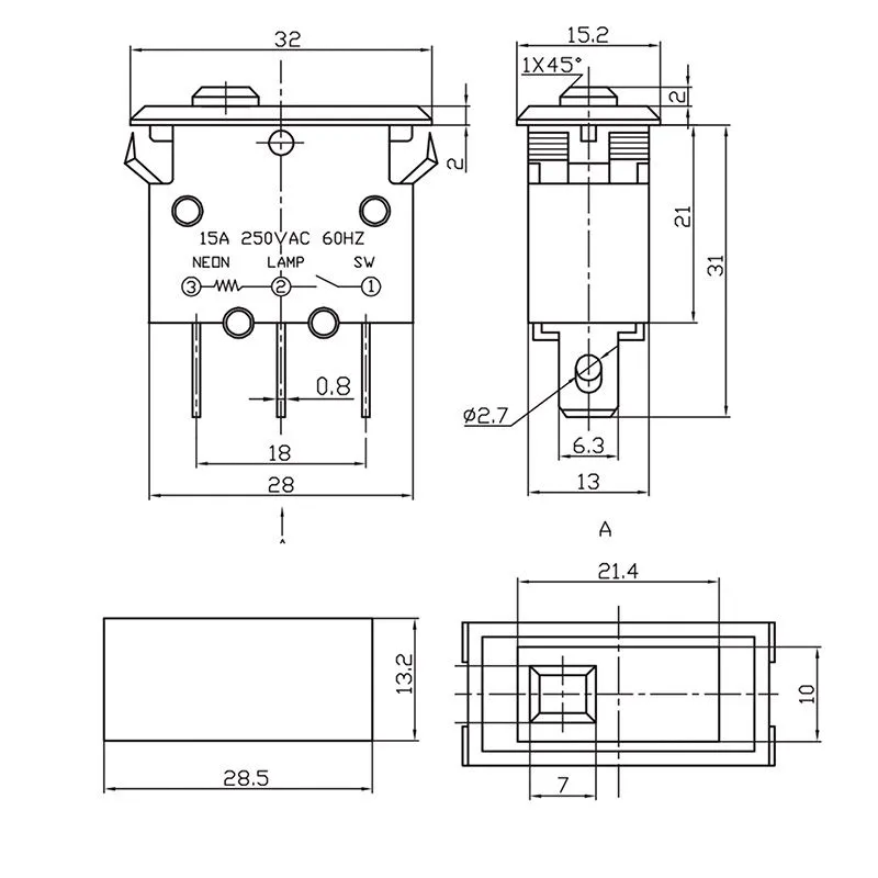 Автомат - предохранитель 250V 15А (3с) RESET-OFF красный с подсветкой (IRS-1-B15) REXANT - Фото 2