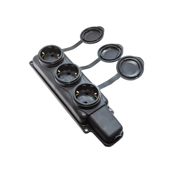 Розетка 3-местная каучуковая РП 16-334, 16А, IP44 с заземлением, брызгозащищенная, черная DEKRON