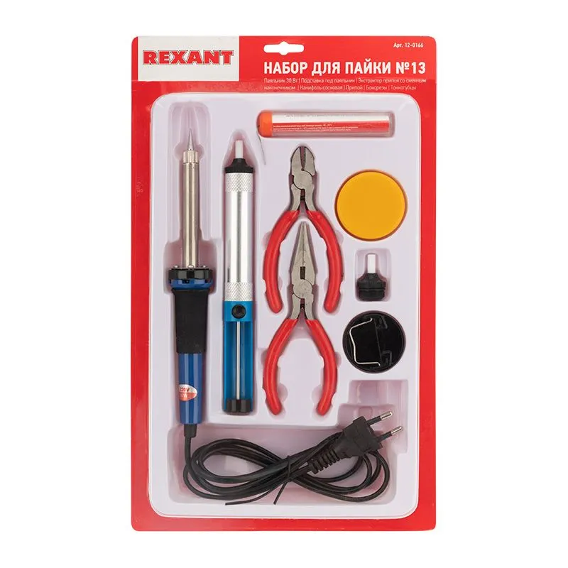 Набор для пайки №13 (паяльник 30Вт, подставка, канифоль, припой, бокорезы, тонкогубцы) REXANT - Фото 2