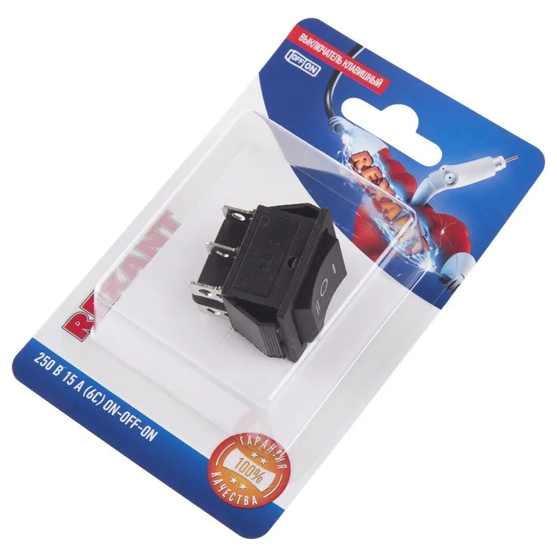 Переключатель клавишный 250V 15А (6с) ON-OFF-ON черный с нейтралью (RWB-508, SC-767) REXANT (в упак. 1шт.) - Фото 4