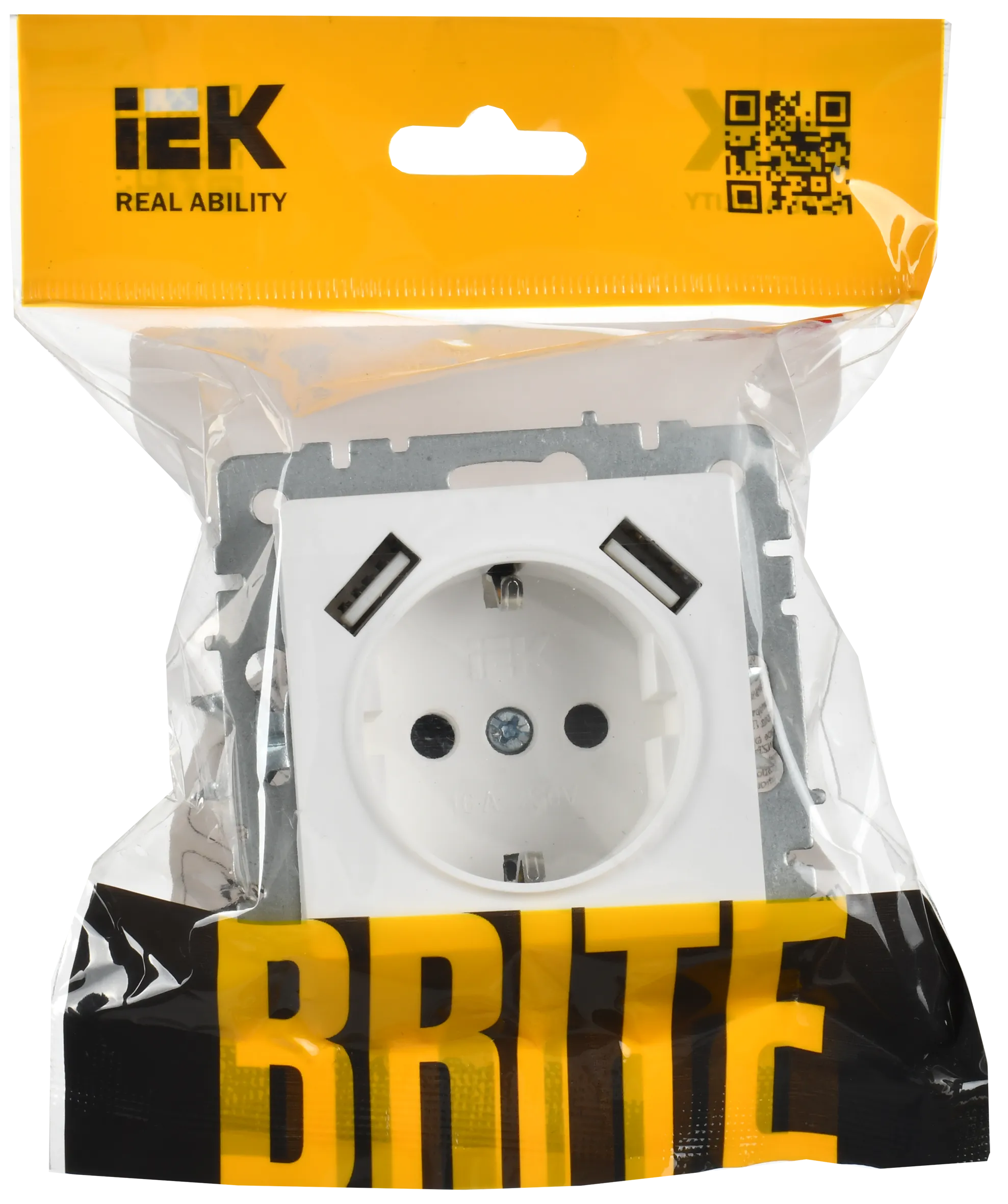 BRITE Розетка 1-местная с заземлением с защитными шторками 16А с USB A+A 5В 2,1А РЮш10-1-БрАБ арктический белый IEK - Фото 2