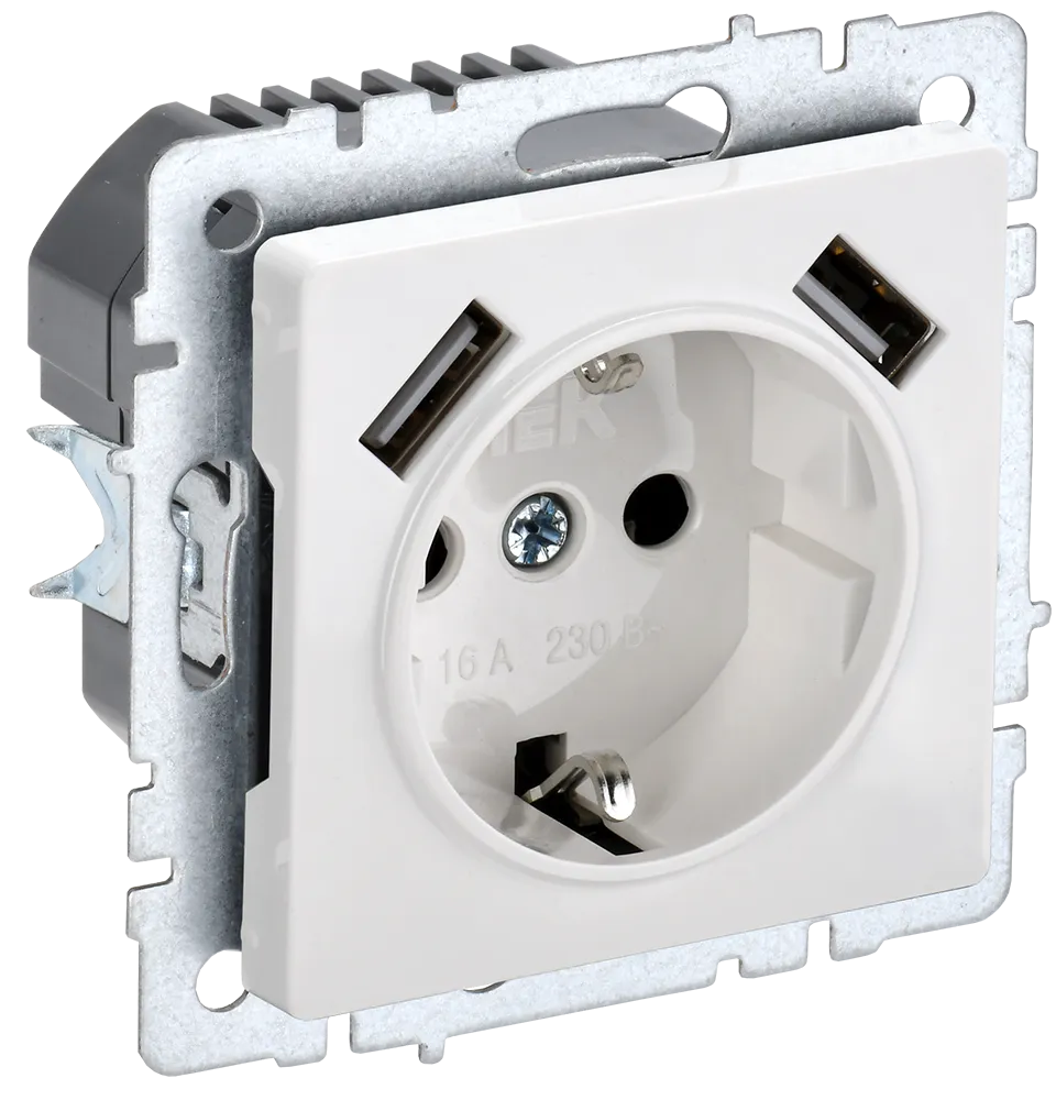 BRITE Розетка 1-местная с заземлением с защитными шторками 16А с USB A+A 5В 3,1А РЮш10-2-БрБ белый IEK BR-R14-16-U21-D31-K01