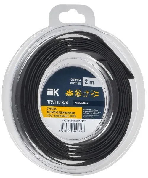 Трубка термоусадочная ТТУ нг-LS 8/4 черная (2м/упак) IEK UDR12-008-004-002-K02-T