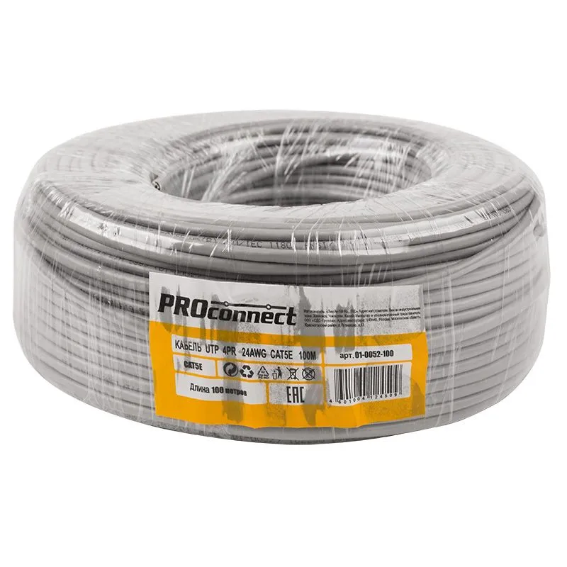 Кабель витая пара U/UTP, CAT 5e, PVC, 4PR, 24AWG, INDOOR, SOLID, серый, 100м PROconnect - Фото 2