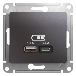 Розетка USB Glossa тип A+C 5В/2.4А 2х5В/1.2А механизм графит SE GSL001339 1340098