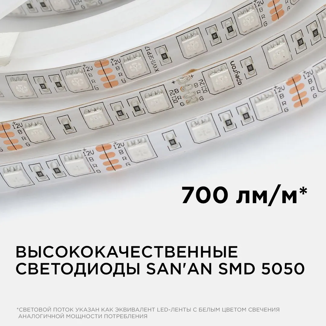 Лента светодиодная СТ smd5050 60д/м 12В IP65 5м RGB Apeyron - Фото 3