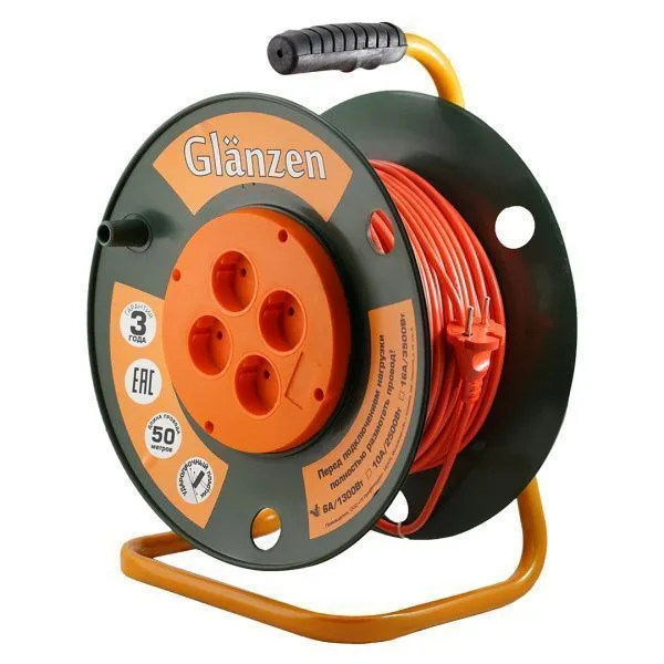 Удлинитель силовой на катушке GLANZEN 4 гн. ПВС 2х0,75 арт. ЕВ-50-001