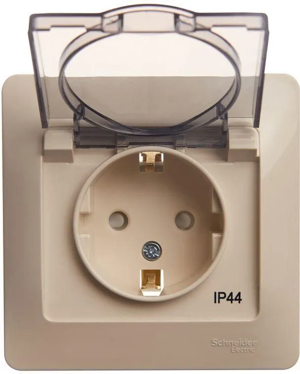 Розетка 1-м СП Glossa 16А IP44 с заземл. защ. шторки с крышкой в сборе беж. SE GSL000248