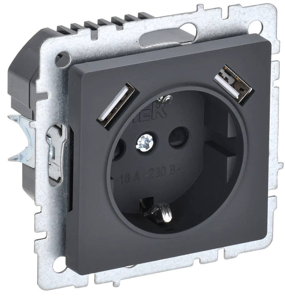 BRITE Розетка 1-местная с заземлением с защитными шторками 16А с USB A+A 5В 2,1А РЮш10-1-БрГ графит IEK BR-R14-16-U21-D21-K53
