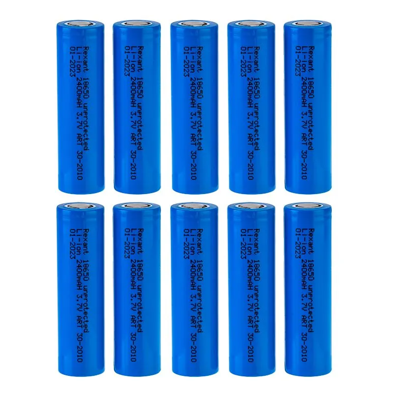 Аккумулятор Li-ion 18650, 3,7В, 2400мАч, без платы защиты, плоский контакт, 10 шт, коробка REXANT - Фото 2
