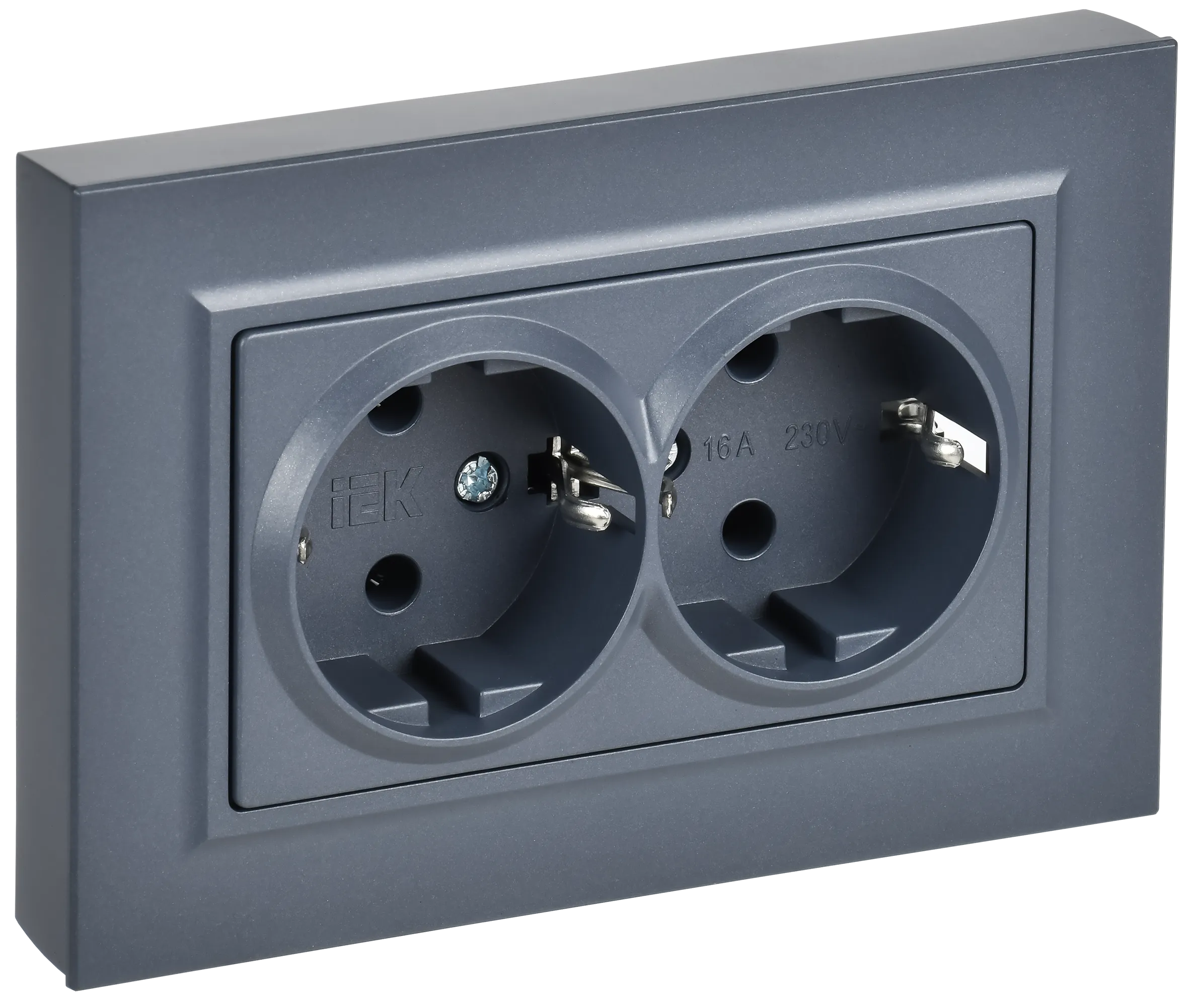 BRITE Розетка 2-местная с заземлением без защитных шторок плоская 16А в сборе РСПл12-3-БрМ маренго IEK BR-R27-16-K35-F