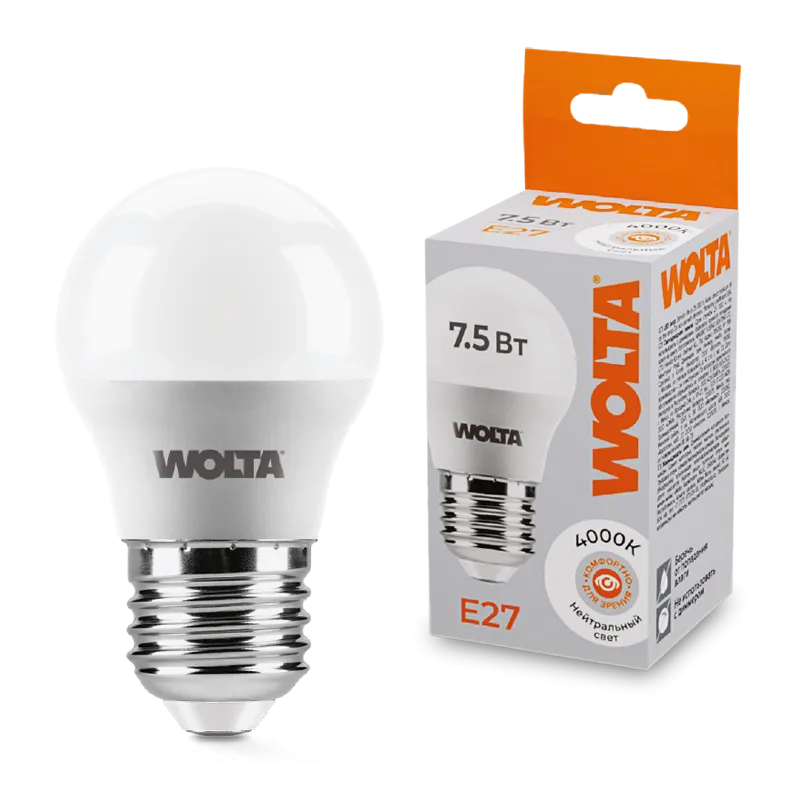 Лампа светодиодная "Шар G45" 7.5Вт 450лм 4000К Е27 (50шт/уп) WOLTA