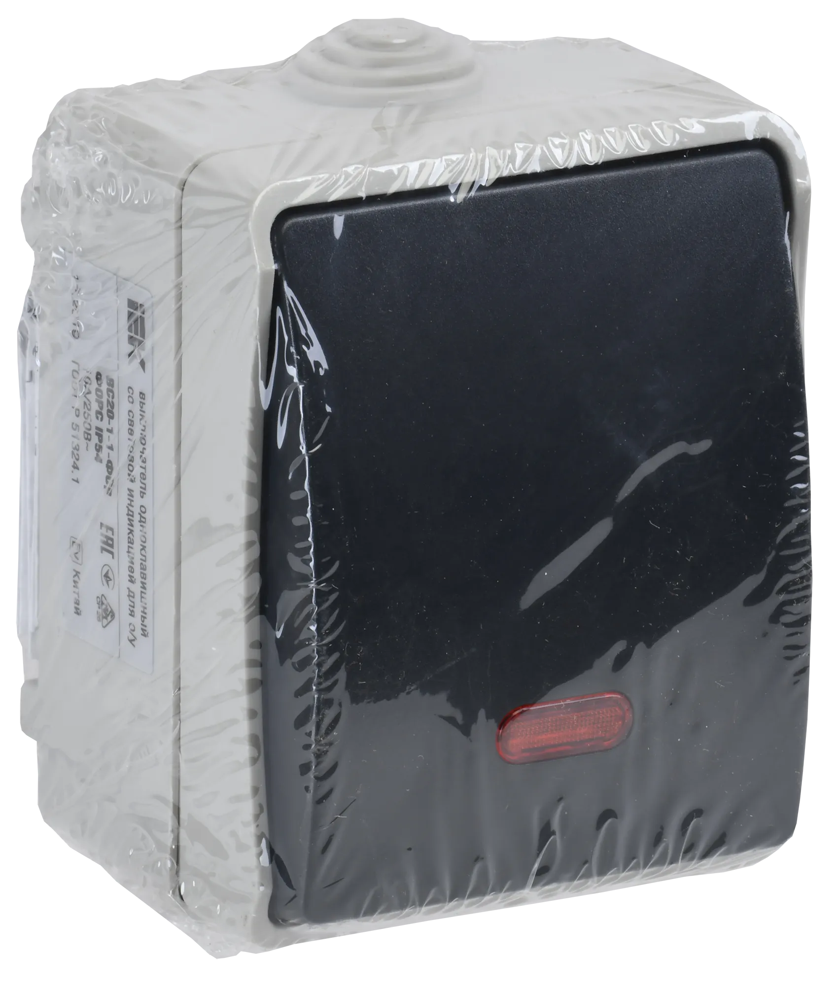 FORS Выключатель 1-клавишный проходной с индикацией для открытой установки 10А IP54 ВС20-1-1-ФСр серый IEK - Фото 2