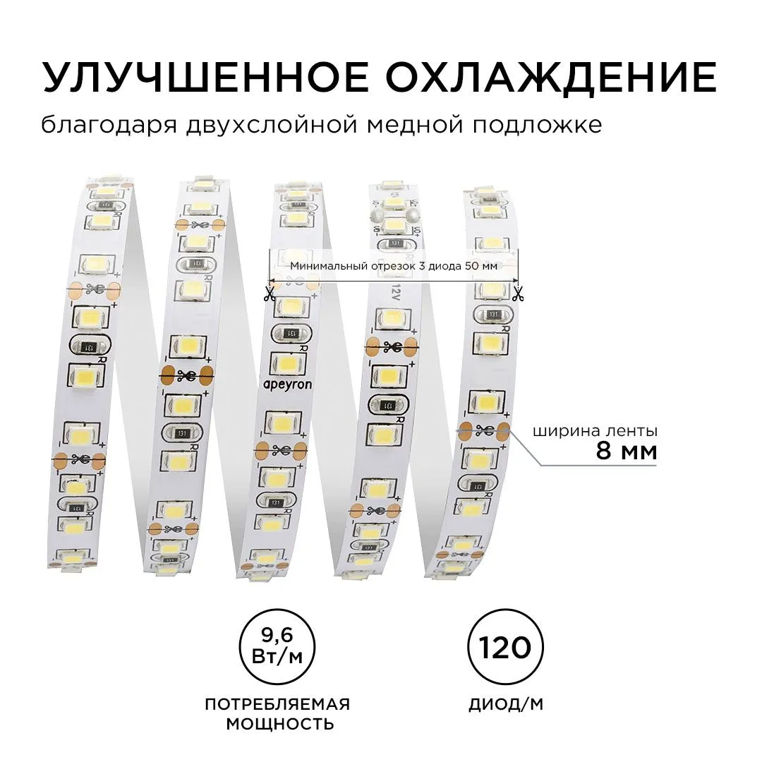 Лента светодиодная СТ smd3528 120д/м 12В 3000К IP20 5м Apeyron - Фото 5