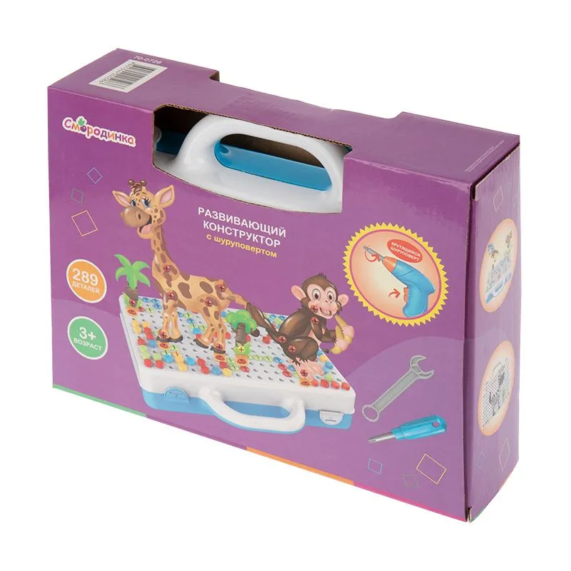 Развивающий детский конструктор с шуруповертом и мозаикой Смородинка 289 деталей - Фото 2