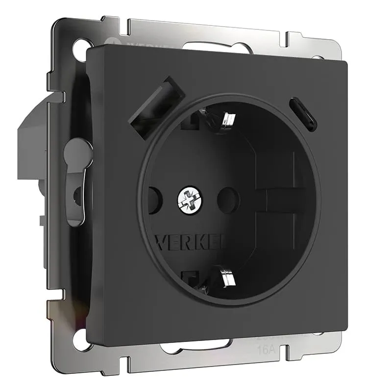 Розетка с заземлением, шторками и USB тип A+C (черный) Werkel