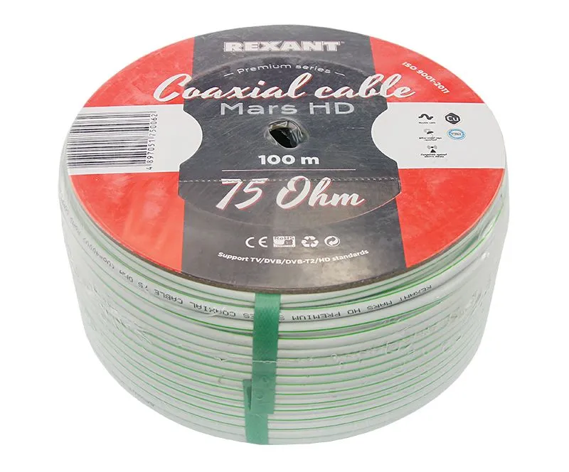 Кабель коаксиальный MARS HD, Cu/Al/CuSn, 96%, 75Ом, 100м, INDOOR, белый REXANT - Фото 2