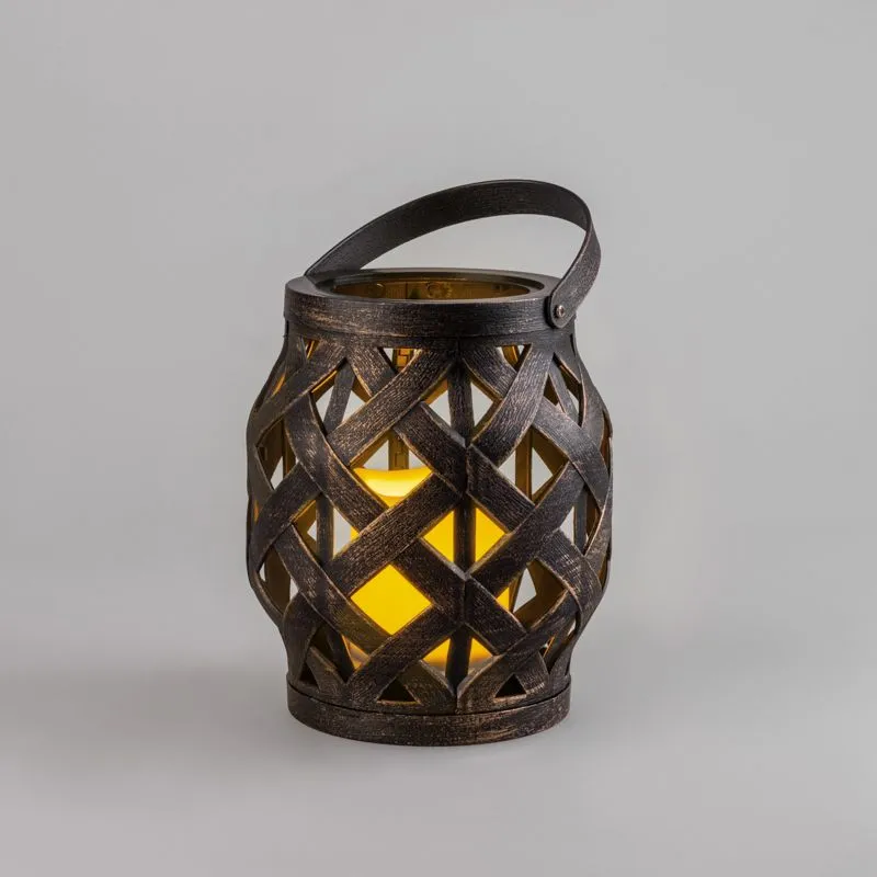 Декоративный фонарь со свечкой, плетеный корпус, бронза, размер 14х14х16,5 см, цвет теплый белый