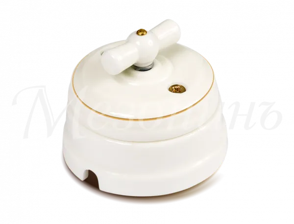 Выключатель ретро проходной фарфор поворотный на 2 положения в комплекте с подъемной рамкой, 10А