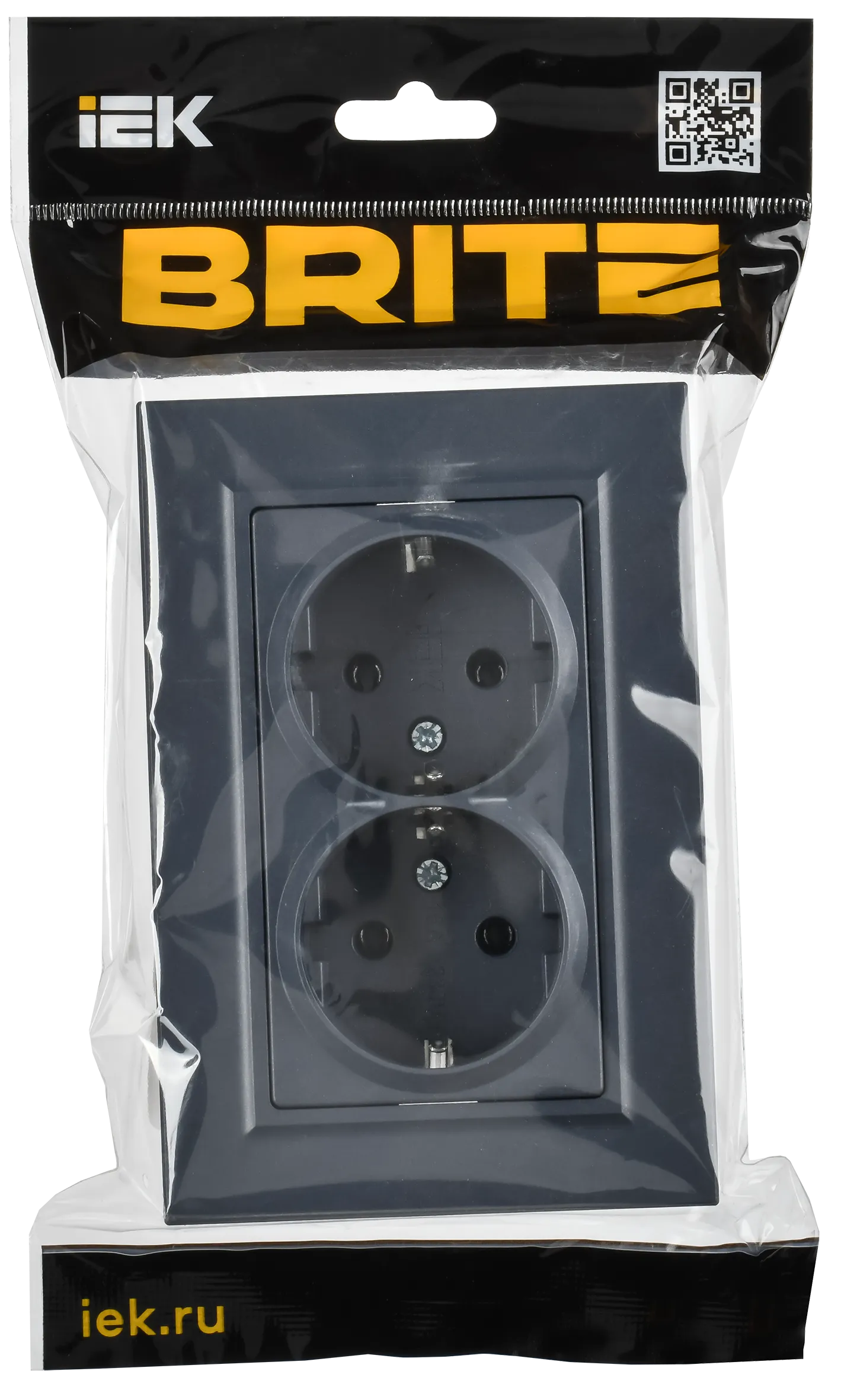 BRITE Розетка 2-местная с заземлением без защитных шторок плоская 16А в сборе РСПл12-3-БрМ маренго IEK - Фото 2