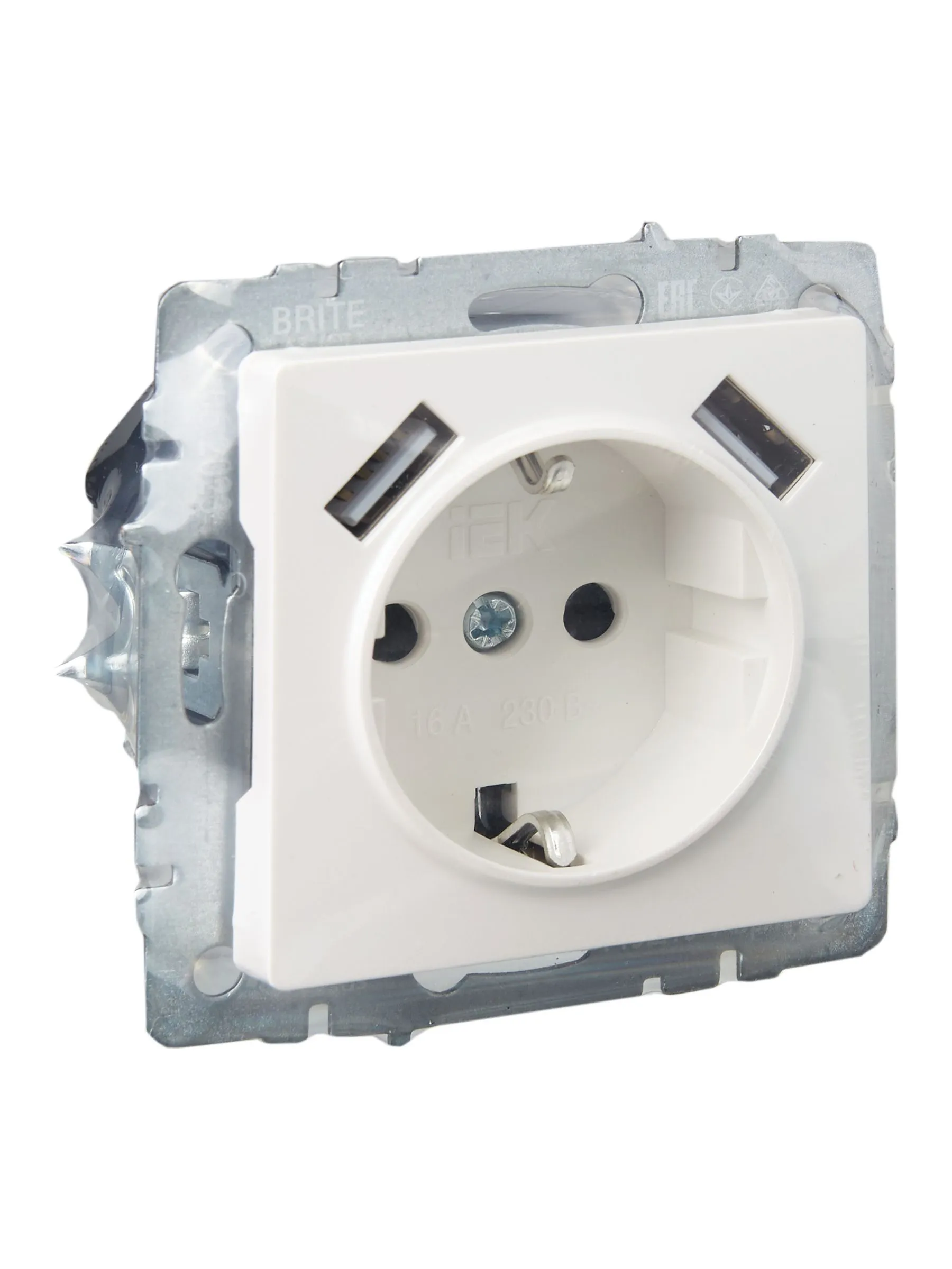 BRITE Розетка 1-местная с заземлением с защитными шторками 16А с USB A+A 5В 2,1А РЮш10-1-БрЖ жемчуг IEK - Фото 3