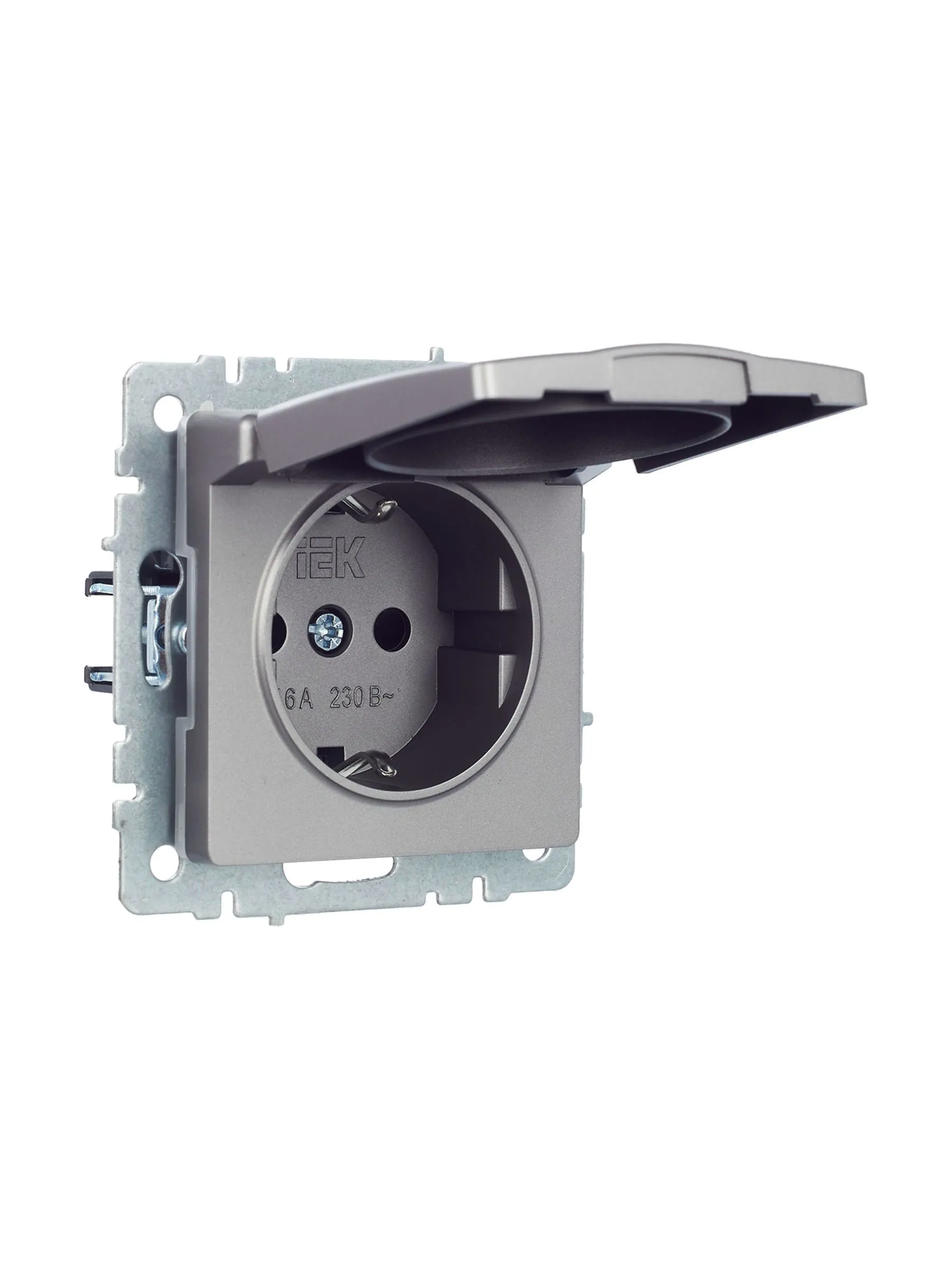 BRITE Розетка 1-местная с заземлением с защитными шторками и крышкой 16А IP44 РСбш10-3-44-БрС сталь IEK - Фото 2