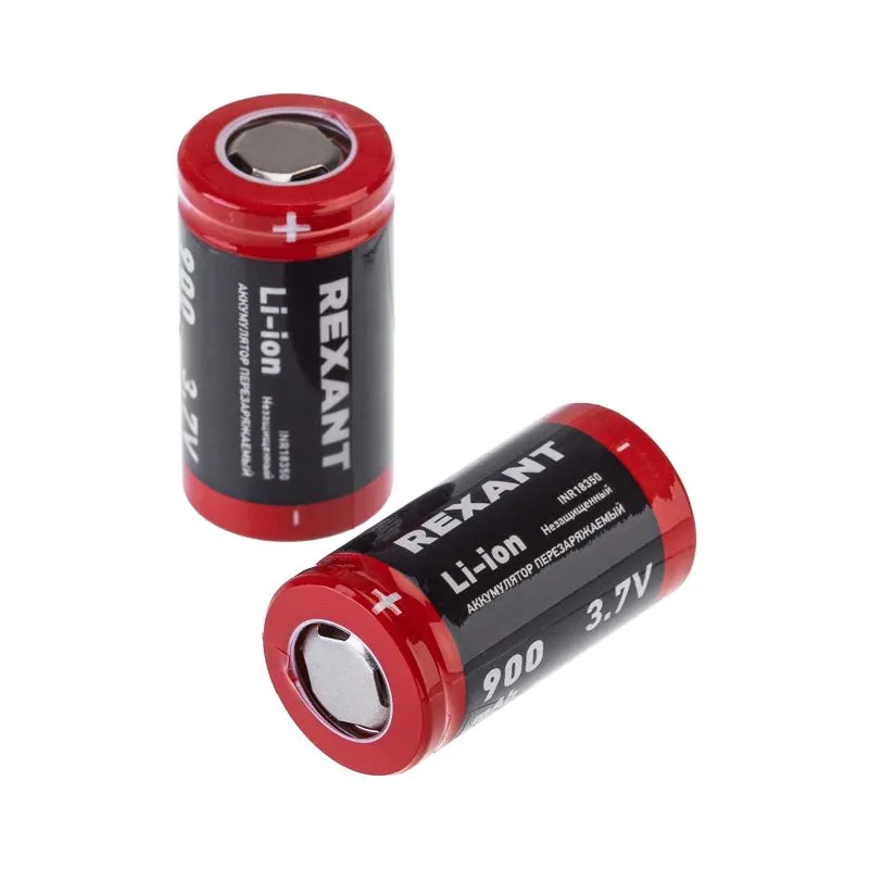 Аккумулятор Li-ion 18350, 3,7В, 900мАч, без платы защиты, плоский контакт, 10 шт, коробка REXANT