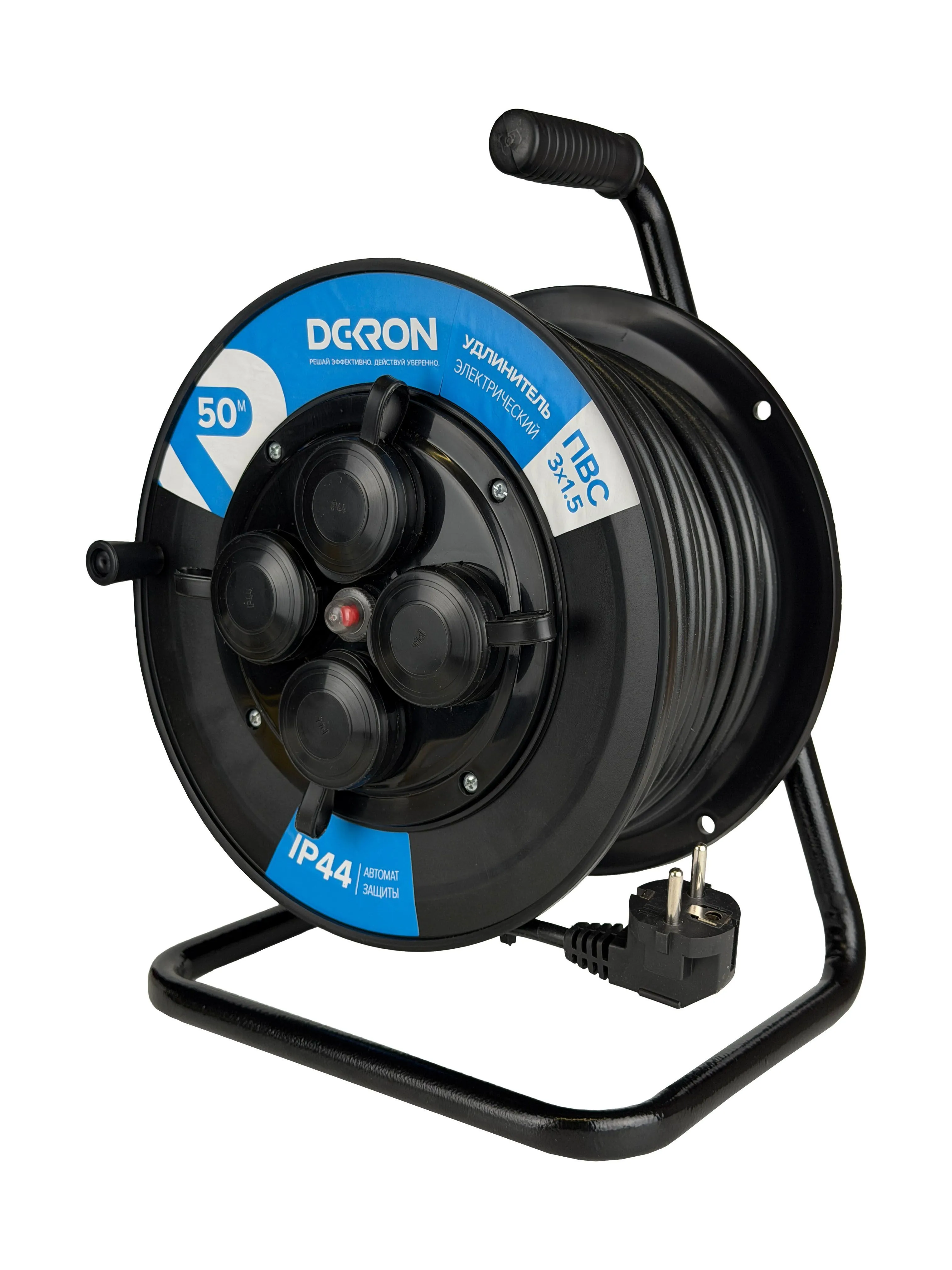 Удлинитель УКП-44 силовой на катушке 4 гн. ПВС 3х1,5 IP44 с/з 50м с автоматом защиты (катушка пластик) 16А 3500Вт - Фото 2