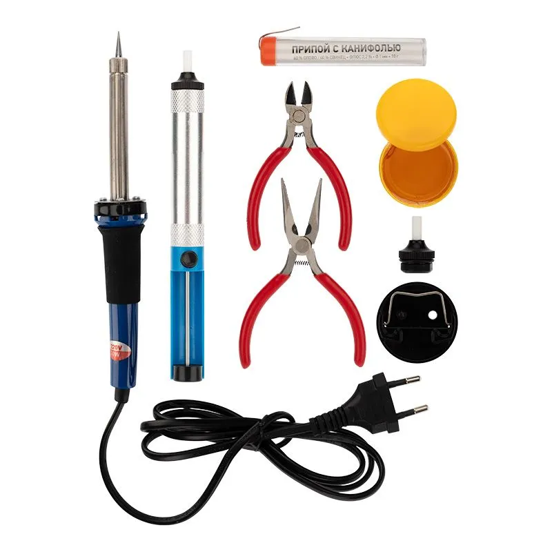 Набор для пайки №13 (паяльник 30Вт, подставка, канифоль, припой, бокорезы, тонкогубцы) REXANT 12-0166