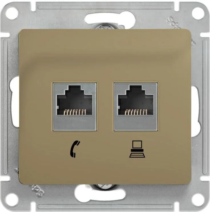 Розетка компьютерная + телефонная 2-м СП Glossa RJ45 + RJ11 кат.5E механизм титан SE GSL000485