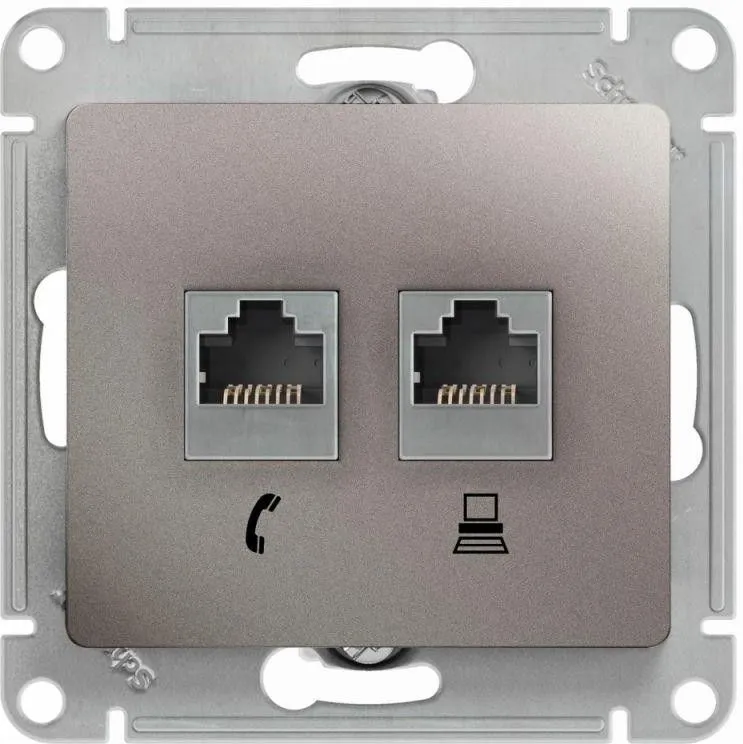 Розетка компьютерная + телефонная 2-м Glossa RJ45 + RJ11 кат.5E механизм платина SE GSL001285