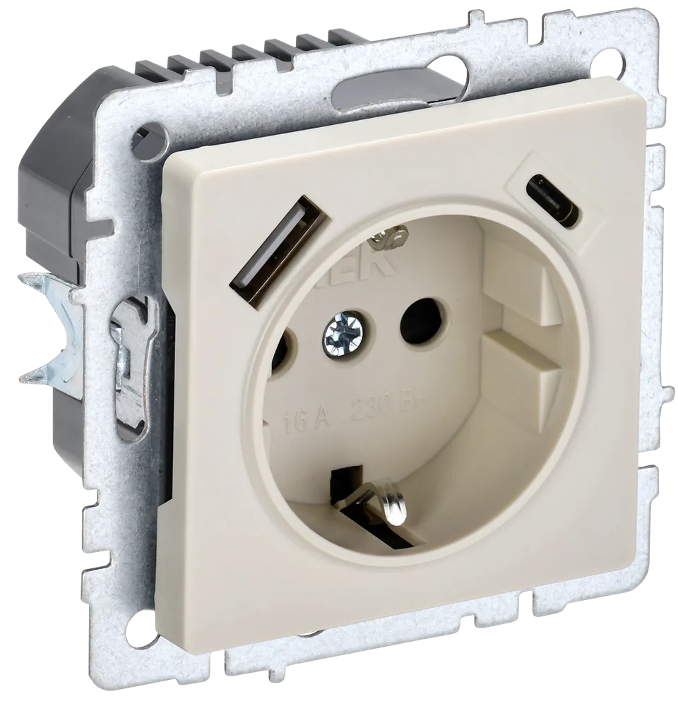 BRITE Розетка 1-местная с заземлением с защитными шторками 16А с USB A+C 18Вт РЮш11-1-БрКр бежевый IEK BR-R14-16-U22-018-K10