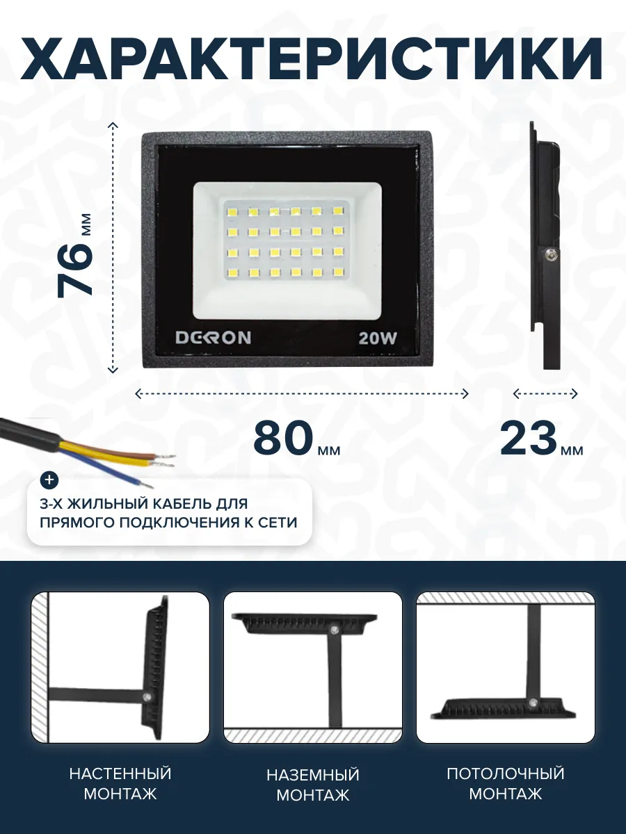 Прожектор светодиодный 20Вт, 1600лм, 6500K, черный,IP65 - Фото 8