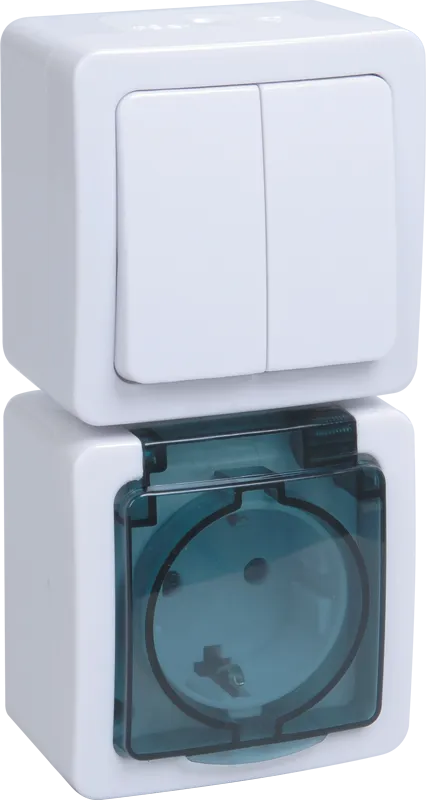 Блок вертикальный для открытой установки БВб-22-32-ГПБд (Выключатель 2-клавишный + розетка 1-местная с заземляющим контактом) IP54 ГЕРМЕС PLUS (белый/