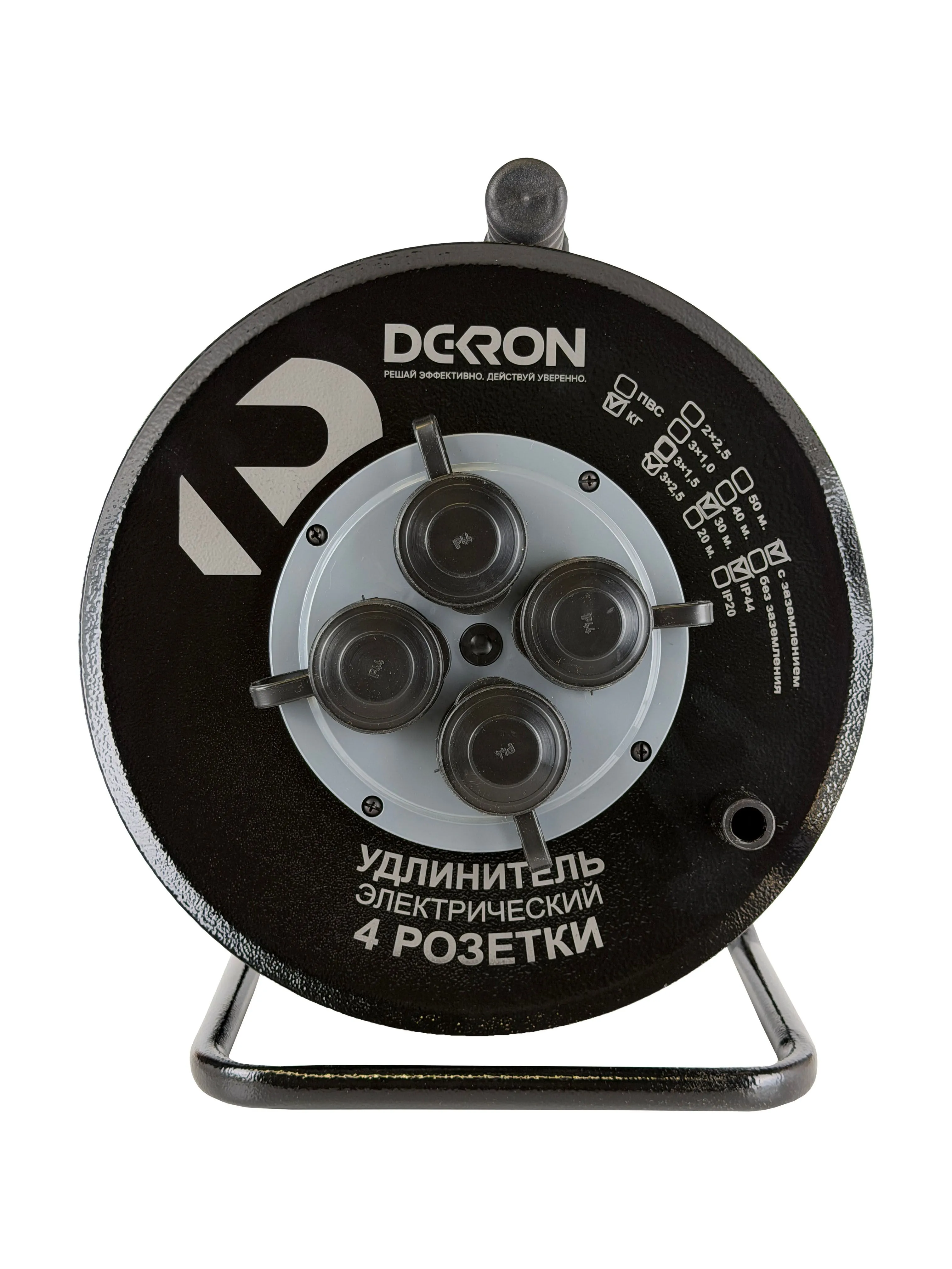 Удлинитель на катушке (металл) УХз-16-4-30-КМ УХЛ2, 4 гнезда с заземлением и крышками, КГ 3х2,5 30м, 16А, IP44 DEKRON