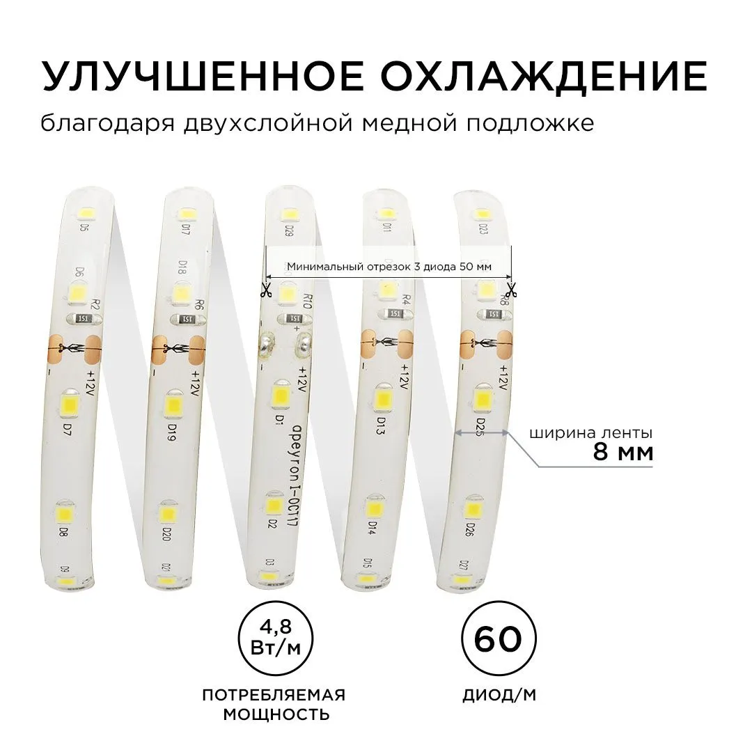 Лента светодиодная СТ smd3528 60д/м 12В 3000К IP65 5м Apeyron - Фото 5