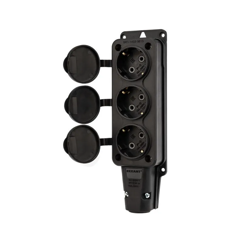 Розетка (колодка) влагозащищенная с крышкой 3 гнезда, с/з, 16А, IP54, каучук, черная REXANT - Фото 5