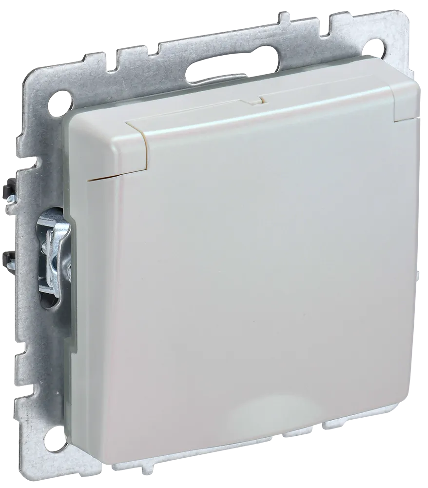 BRITE Розетка 1-местная с заземлением с защитными шторками и крышкой 16А IP44 РСбш10-3-44-БрЖ жемчуг IEK