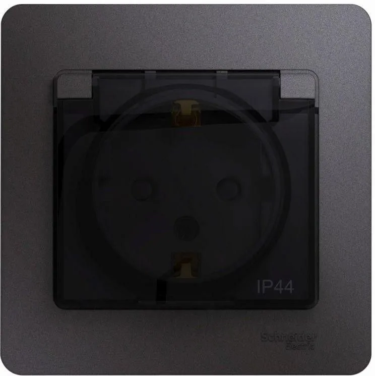 Розетка 1-м СП Glossa 16А IP44 250В с заземл. защ. шторки с крышкой в сборе графит SE GSL001348
