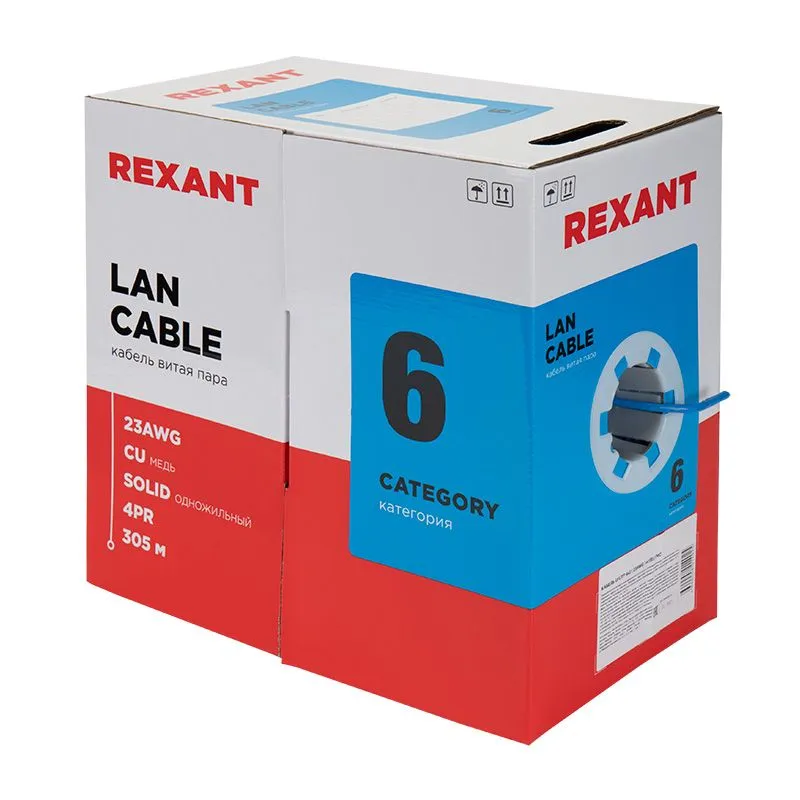Кабель витая пара U/UTP, CAT 6, PVC, 23AWG, INDOOR, SOLID, синий, 305 м, REXANT - Фото 2