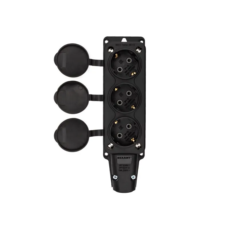 Розетка (колодка) влагозащищенная с крышкой 3 гнезда, с/з, 16А, IP54, каучук, черная REXANT - Фото 4